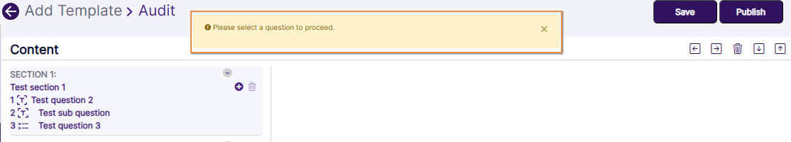 Notification prompted when when the question of a section is not selected when trying to make child