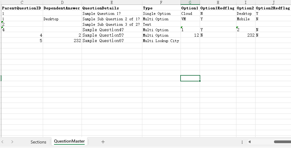 Partial view of the default Question Master worksheet