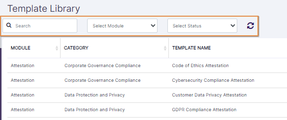 Search bar, module and status selection filters along with the reset icon