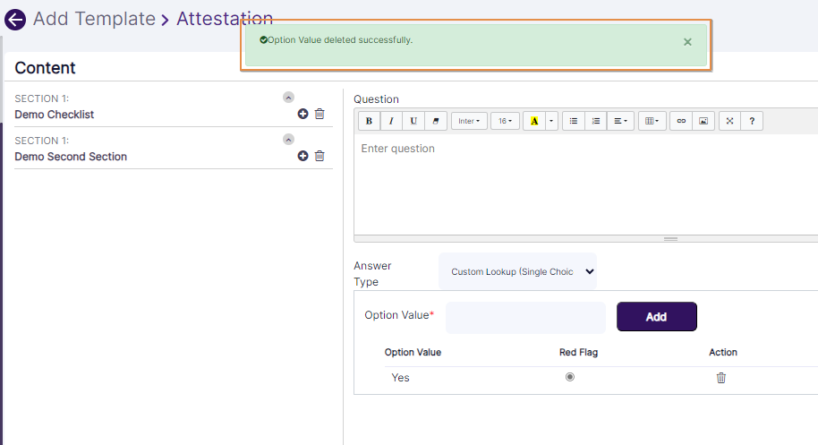 Option value deletion success notification