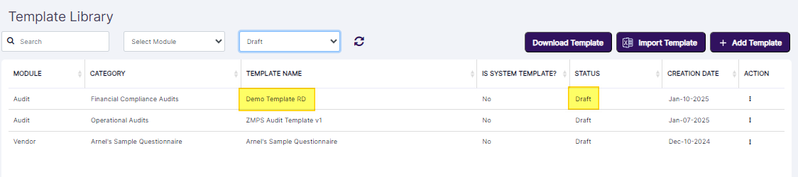 Saved Draft version of the custom Template