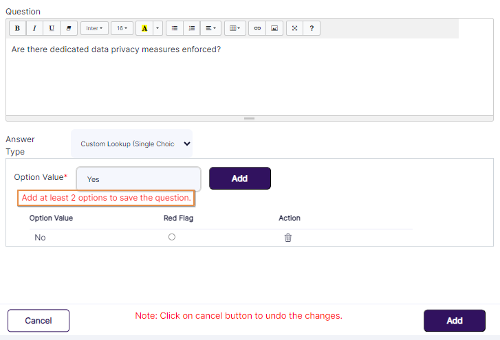 Tooltip prompted when duplicate option name is provided