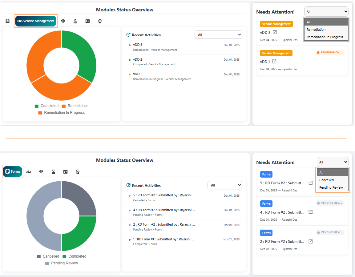 Dropdown options can differ based on pending items module-wise
