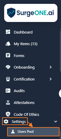Users Pool sub-menu option under the Settings menu option
