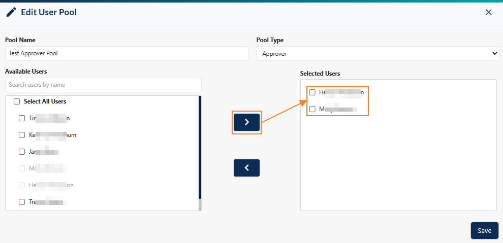 Selecting and moving a user to the right panel