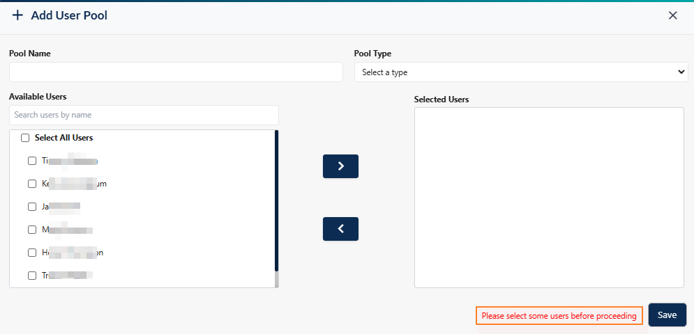 Validation on user selection for new pool