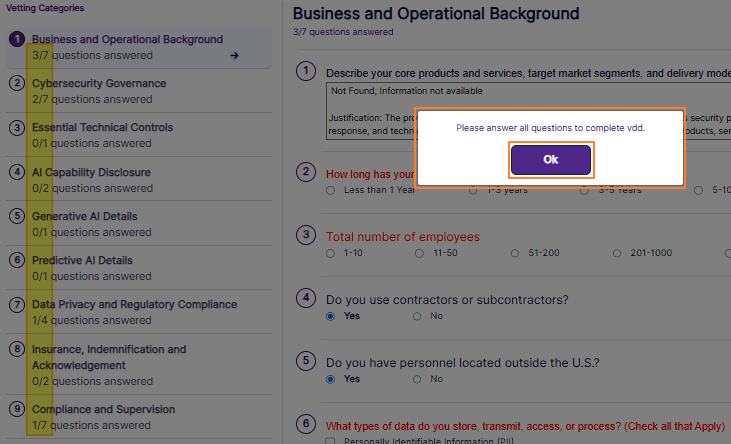 Modal window to indicate that there are unresponded questions left in the VDD