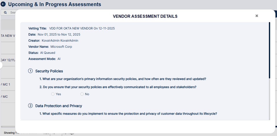 VENDOR ASSESSMENT DETAILS modal window