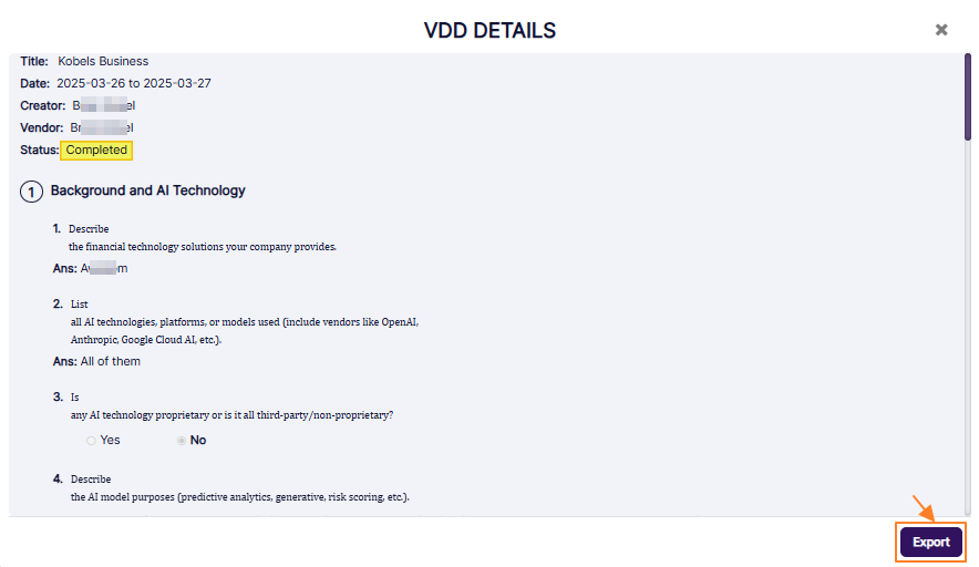 VDD Details view with Export button