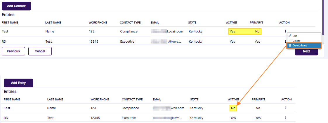 Deactivating a non-primary, active vendor contact