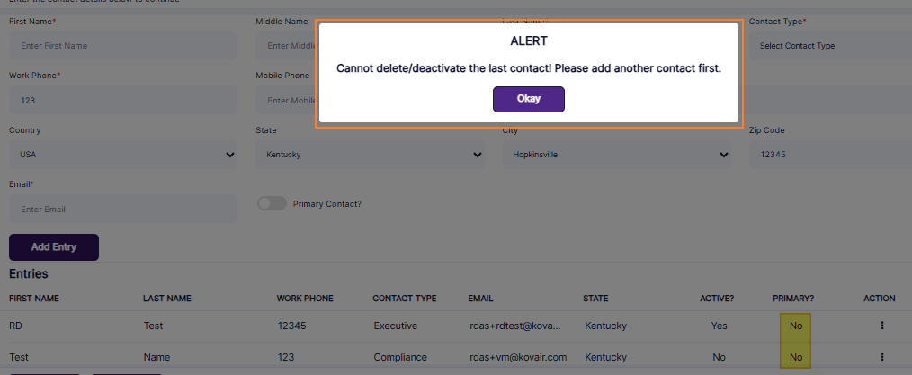 Cannot deactivate contact modal window