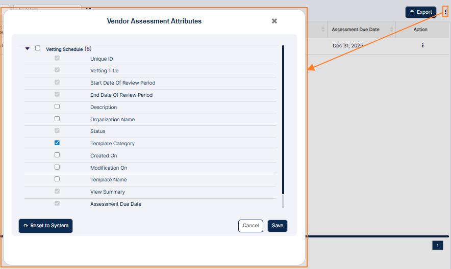 Column customization modal window