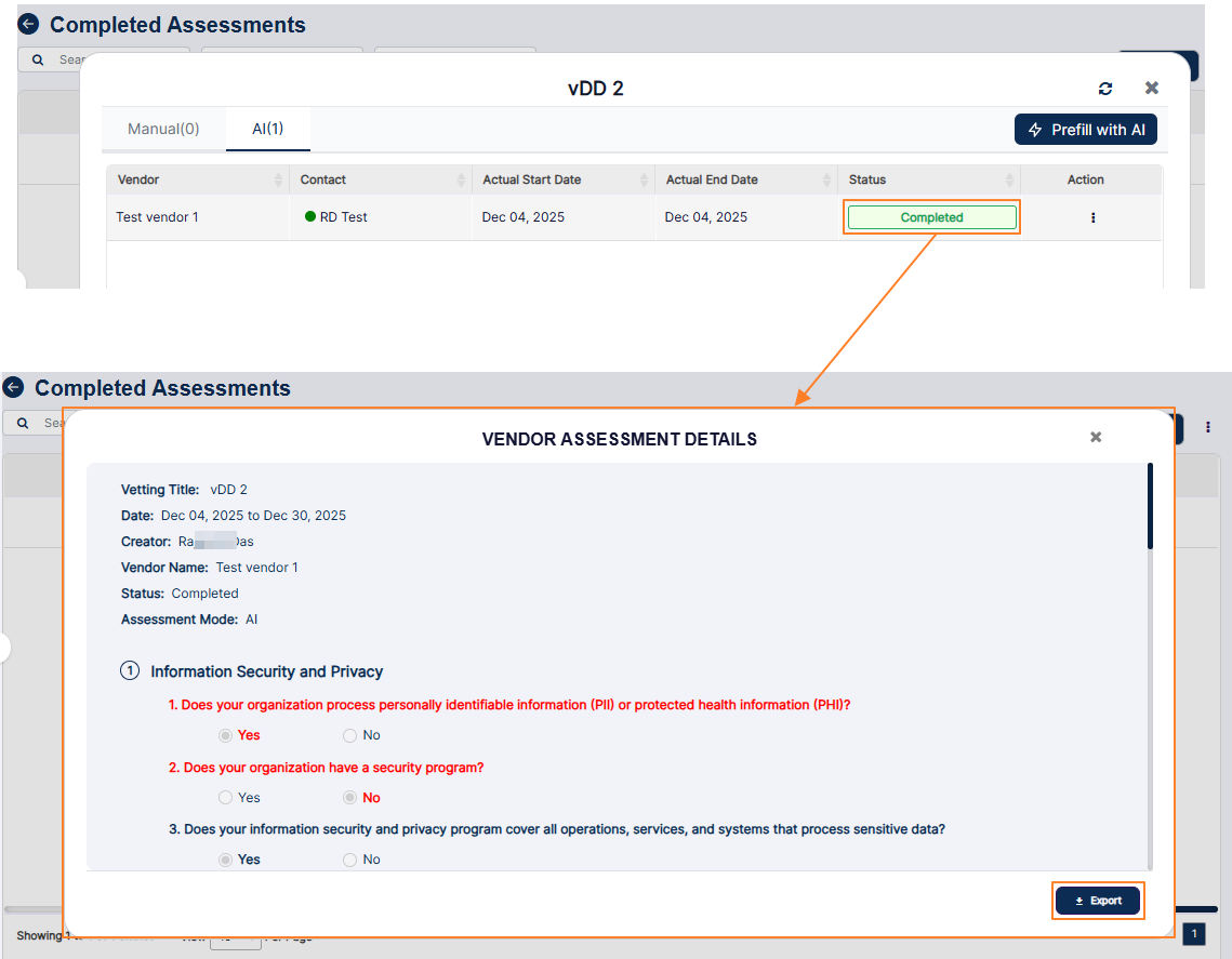 Export button of the modal window which loads after clicking on the View Details menu option
