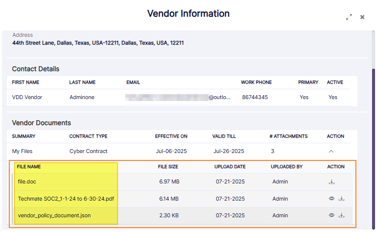 View of multiple document file names under the Vendor Documents section