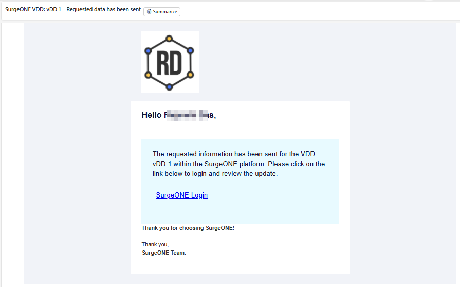 View of triggered email when requested information has been submitted