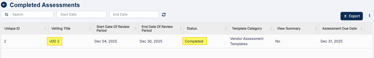 Entry visible in the Completed Assessments page