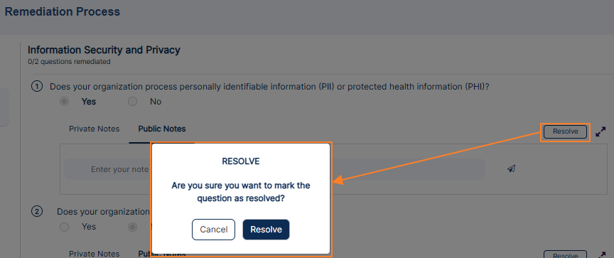 Resolve button loads confirmation prompt