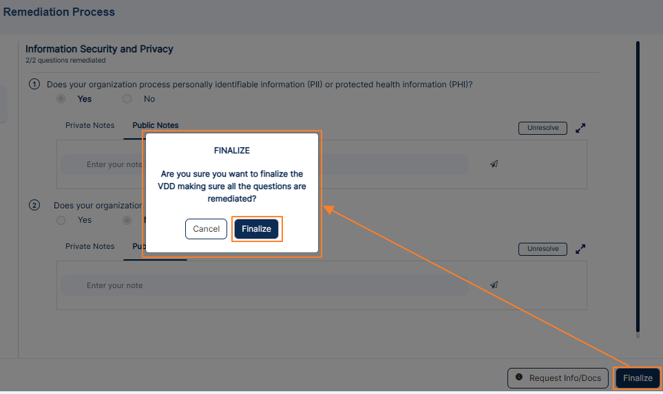 Finalize confirmation modal window