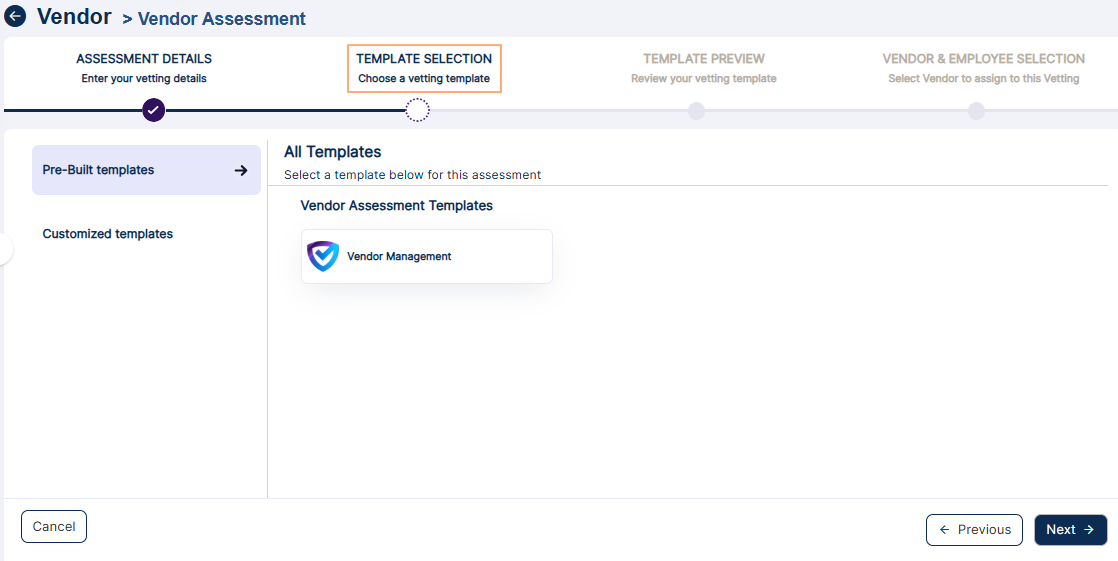 Template Selection tab view