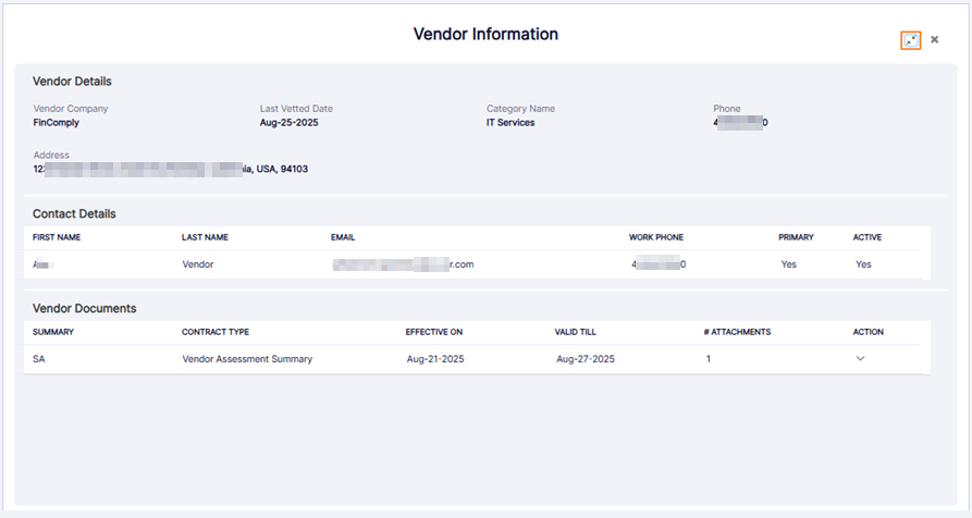 Vendor Information modal window