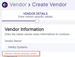Unique vendor name required tooltip