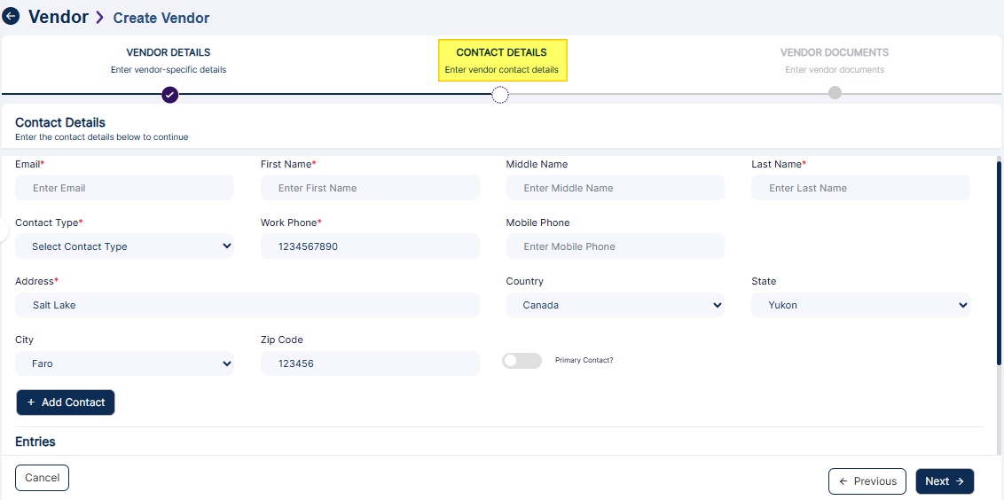 Adding new Vendor Contact