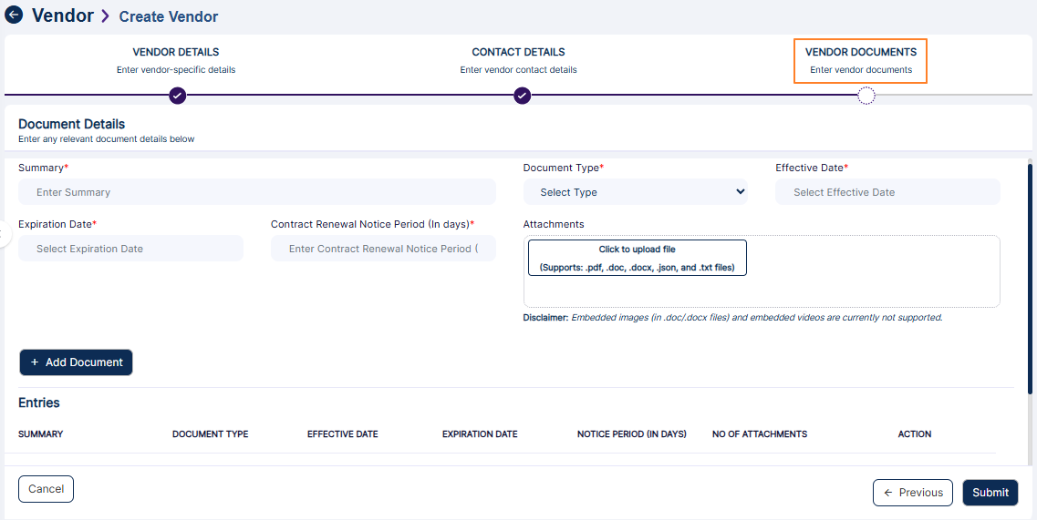 Adding new Vendor Document