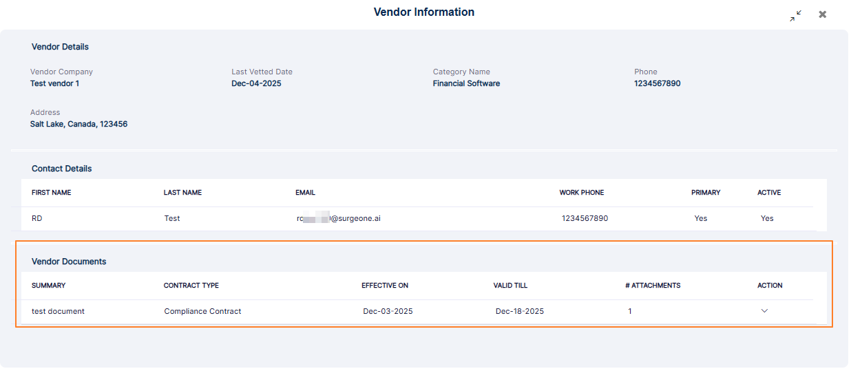 Vendor Documents section of Vendor Information modal window
