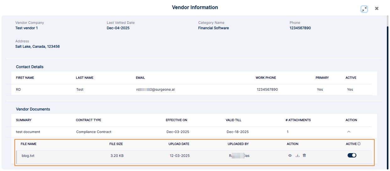 Vendor Documents section expanded view showing document details