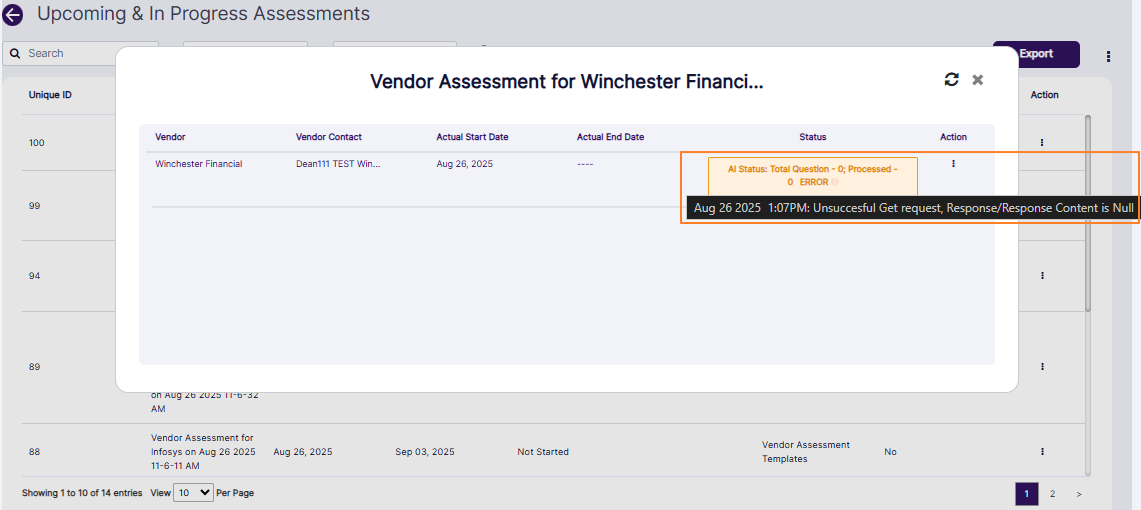 Error tooltip of the error status in Vendor Management > Vendor Assessment modal window