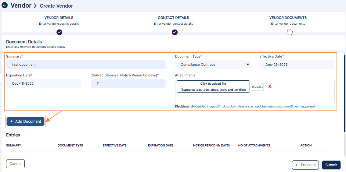 Add Document button to proceed