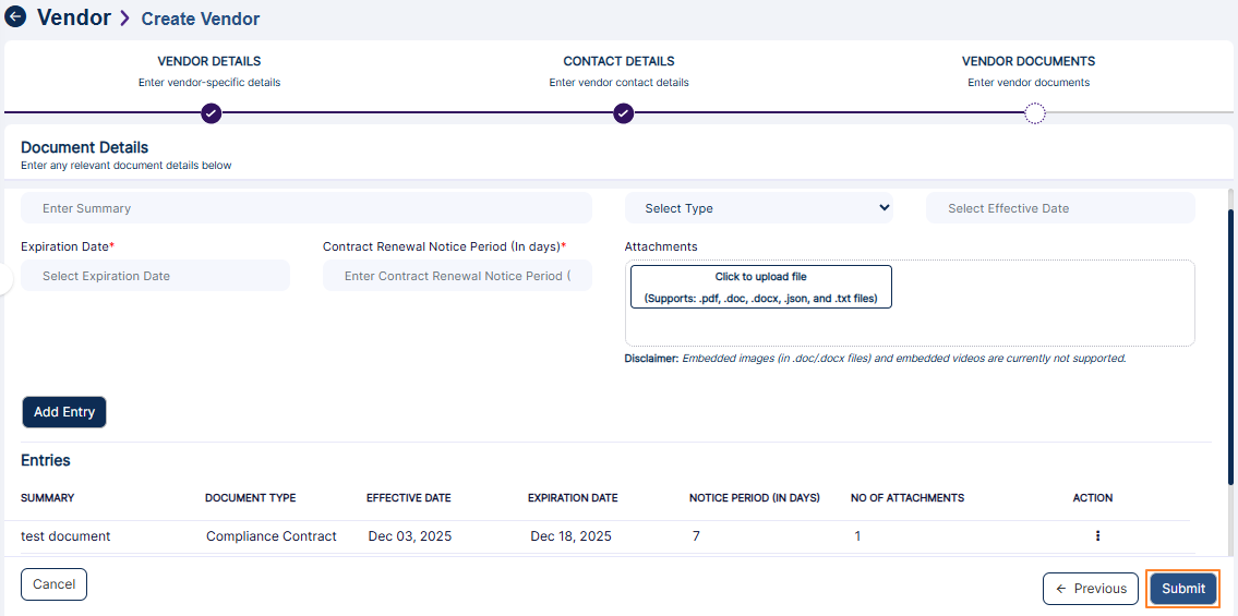 Submit button to create vendor