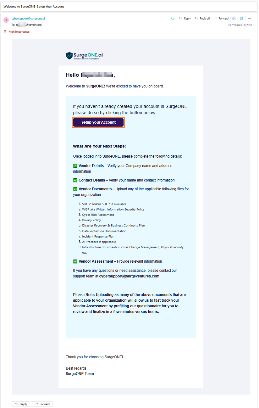 Triggered email to the registered email address of the assigned vendor