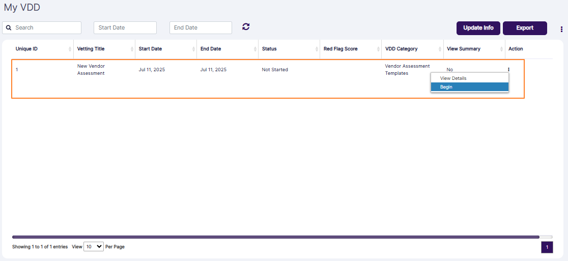 VDD screen of assigned vendor