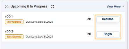 Buttons to initiate and continue with the assessment