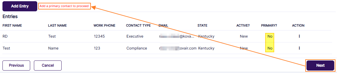Tooltip prompt to add one primary contact