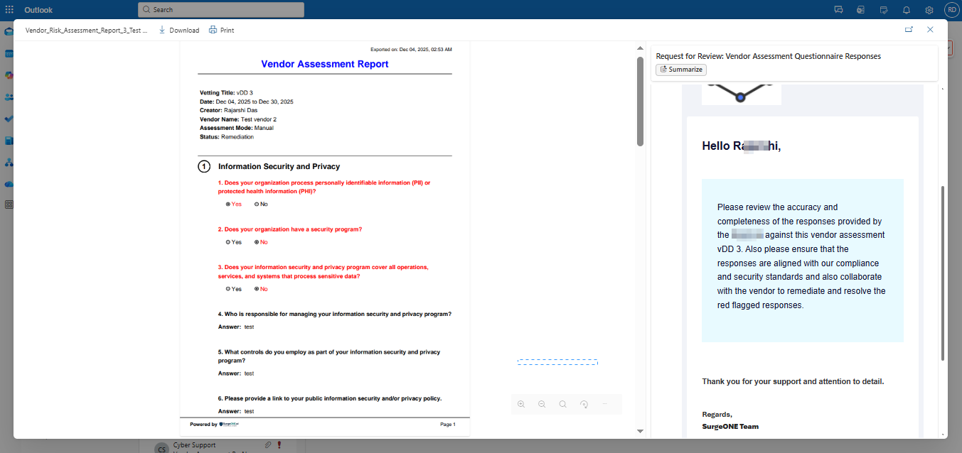 View of triggered email when the Vendor Admin is requested to review the accuracy of vendor responses