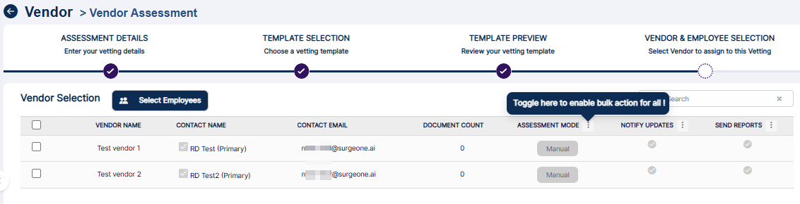 Vendor & Employee Selection tab view